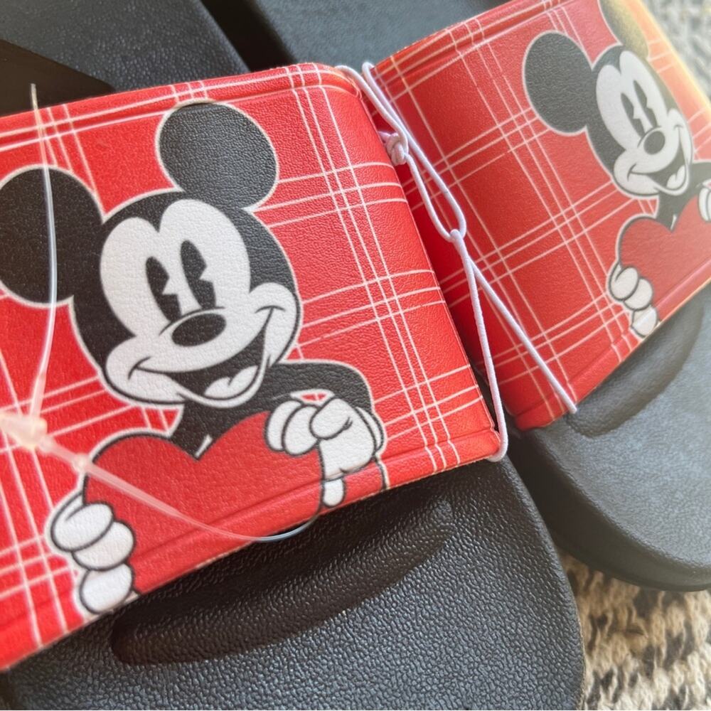 DISNEY Mickey Mouse Red Plaid Slide Sandals 37/6.5 Heart Womens Classic Cartoon - Picture 2 of 6